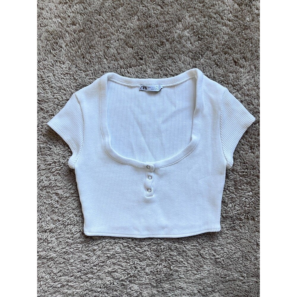 Zara Rib Henley Crop Top in White Size MEDIUM